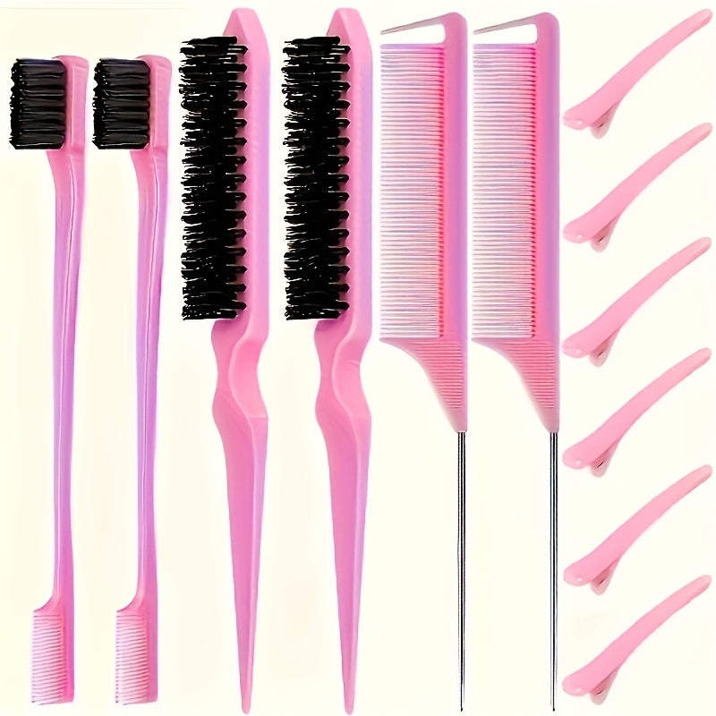 12pcs Hair Brush Set, Nylon Teasing Hair Brushes 3 Row Salon Teasing Brush, Double Sided Hair Edge Brush Smooth Comb Grooming, Rat Tail Combs With Duckbill Clips For Women Girls